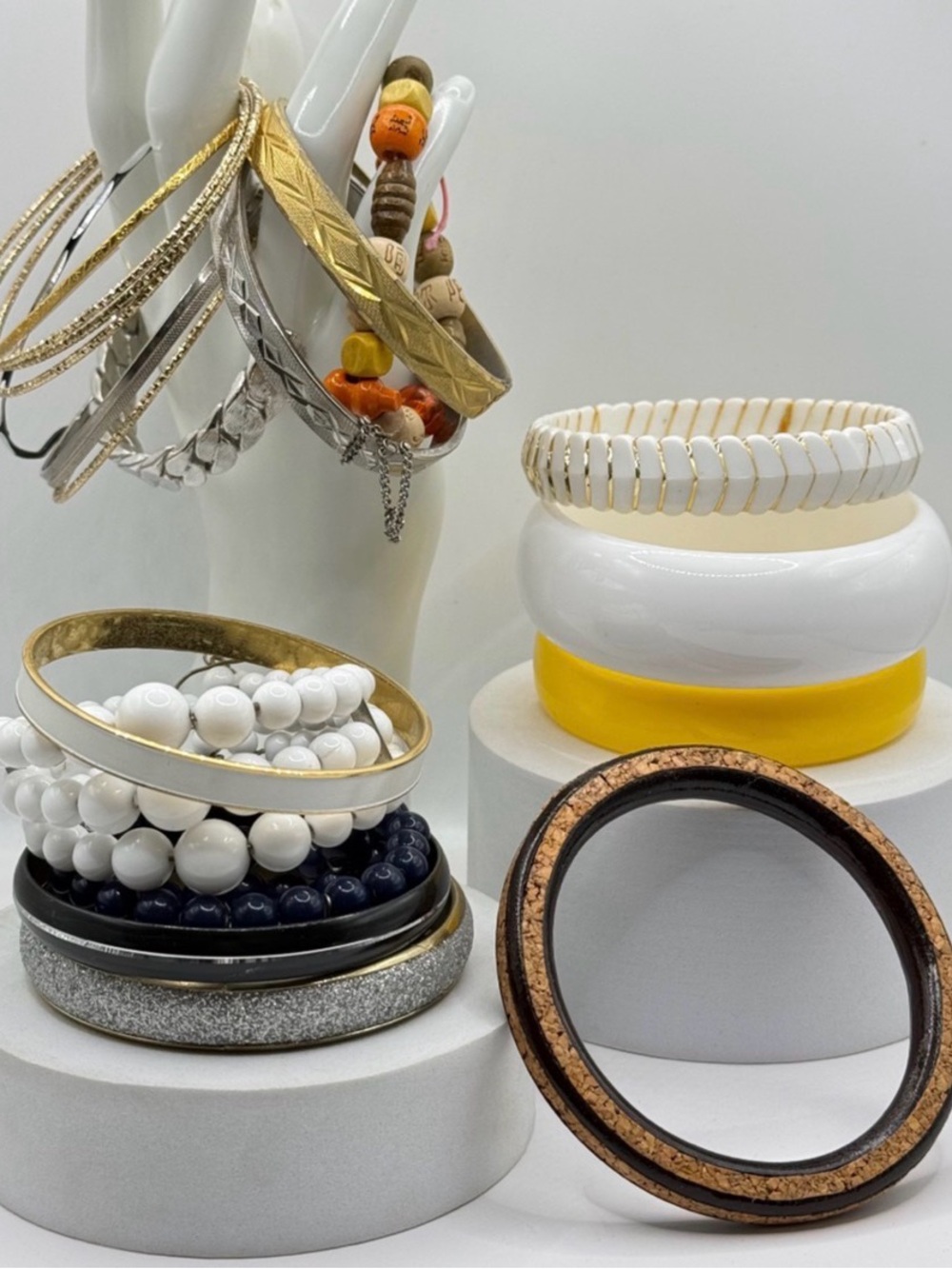Vintage Bangle Bracelet Lot | Retro Gold Tone, White Lucite, Beaded & Boho Stack